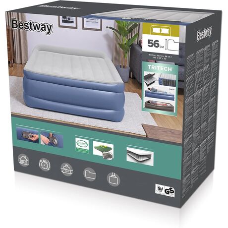 BESTWAY TriTech Quenn 203x152x56cm Twin Built-in AC pump, Φουσκωτό Στρώμα Ύπνου Διπλό με Εσωτερική Τρόμπα, 67614