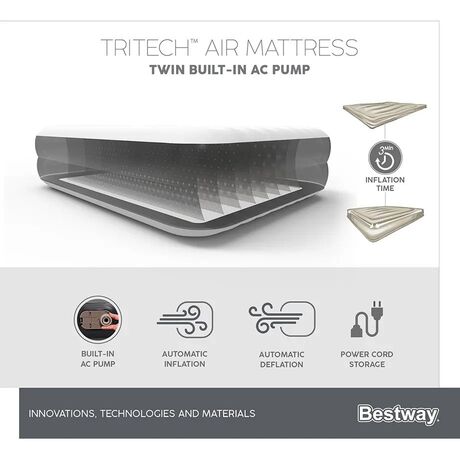 BESTWAY TriTech 191x97x46cm Twin Built-in AC pump, Φουσκωτό Στρώμα Ύπνου Μονό με Εσωτερική Τρόμπα, 67401
